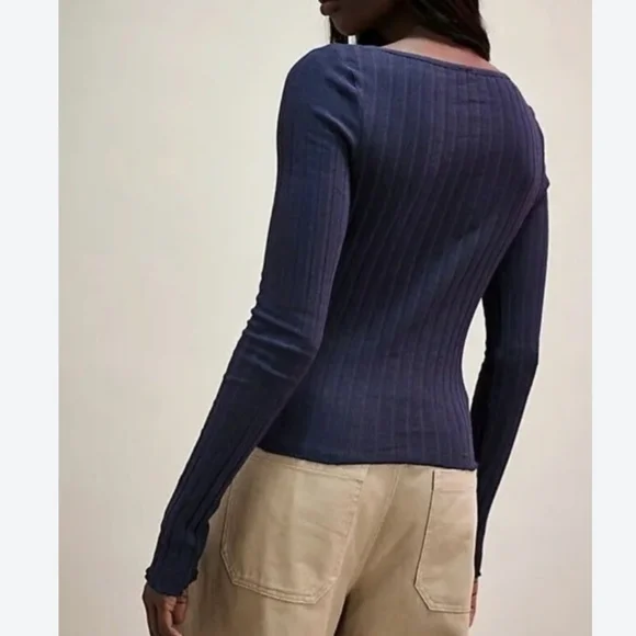 Free People NWOT Tilly Rib Long Sleeve Button Up Top in Navy sz SML & XS - Picture 3 of 14